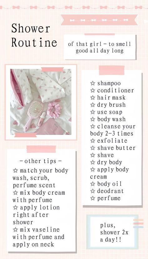 Shower Routine Coquette, Wonyoungism Shower Routine, Wonyoungism Day Routine, Everything Shower List, Wonyoungism Routine, Coquette Tips, Everything Shower Routine, Wonyoungism Tips, Shower Tips