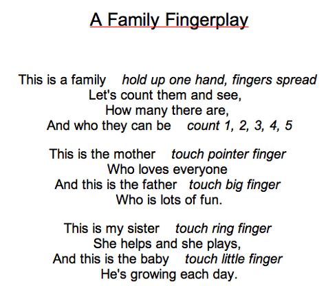 Family Fingerplay Song http://www.kellyskindergarten.com/songs/songs.htm Songs About Families For Preschoolers, Family Fingerplays Preschool, Preschool Family Songs, My Family Songs For Preschool, Songs About Family For Preschoolers, Preschool Songs About Family, Family Poems For Kids, Songs About Family, Family Crafts Preschool