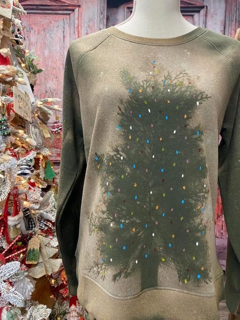 DIY Christmas Tree Sweatshirt - The Shabby Tree Holiday Sweatshirts Diy, Christmas Bleached Shirts Diy, Bleached Christmas Shirt Ideas, Diy Christmas T Shirts Ideas, Bleach Christmas Shirts Diy, Bleach Christmas Shirts, Bleached Christmas Sweatshirt, Bleached Sweatshirt Ideas Diy, Bleaching Sweatshirts Diy