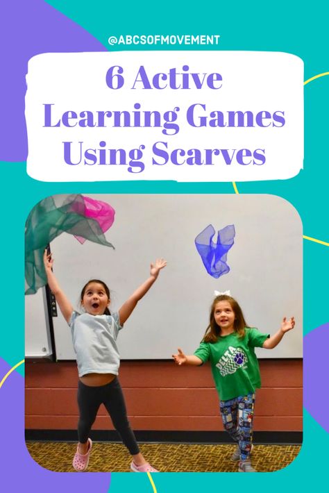 Scarf play is an excellent opportunity for preschool children to learn many developmental skills while swishing, floating, waving and tossing scarves. What looks like just fun and games is actually enhancing your child’s development in multiple areas.   You can do these at home, for free. As a school based physical therapist, I use these lesson plans all the time because I can modify them into a great therapeutic tool for my students with special needs AND they are standards based! Phys Ed Games Preschool, Physical Play Preschool, Prek Physical Education Activities, Pre K Movement Games, Preschool Songs With Scarves, Music And Movement With Scarves, Pe Games For Kindergarten Physical Activities, Dance Games For Preschoolers, Scarf Movement Activities