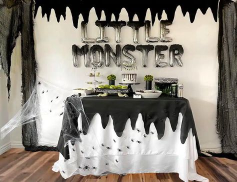 Halloween Baby Shower Food Ideas - We've Created a Monster - Parties With A Cause Halloween Themed Baby Shower Ideas Food, Little Monster Baby Shower Ideas, Horror Themed Baby Shower Ideas, Adams Family Baby Shower Ideas, Beetle Juice Baby Shower Ideas, Addams Family Baby Shower Ideas, Horror Baby Shower Ideas, Dark Baby Shower Ideas, Tim Burton Baby Shower Ideas