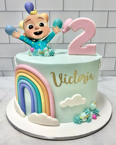 Cocomelon Cake Pastel Colors, Coconelon Girl Cake, 2nd Birthday Cake Cocomelon, Cocomelon Pastel Cake, Simple Cocomelon Cake Ideas, Cake Cocomelon Theme, Pink Cocomelon Cake, Coco Melon 2nd Birthday Party Girl, Cocomelon 2nd Birthday Cake