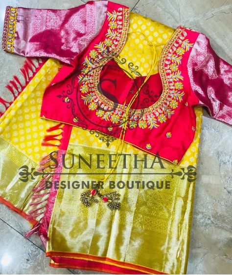 Latest Kanchi pattu sarees with maggam work blouse by Suneetha designer boutique! | Fashionworldhub Red Blouse Work Designs Pattu, Golden Blouse Designs, Kanchi Pattu Sarees, Work Blouse Designs, Mirror Work Blouse Design, Blouse Designs High Neck, Blouse Designs Catalogue, Maggam Work Blouse, Pattu Saree Blouse Designs