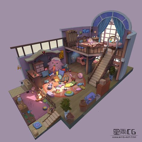 Demon Child, Female Demon, Interior Concept Art, Casa Anime, Bedroom Drawing, Star Academy, Casas The Sims 4, Sims Building, Isometric Art