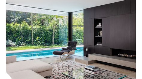 This Lower North Shore Family House Feels Like A Permanent Vacation! Living Room Pool View, Living Room Pool, Kaufmann House, Black Window Frames, Pool View, Top Architects, Australian Architecture, Victorian Terrace, Architecture Awards