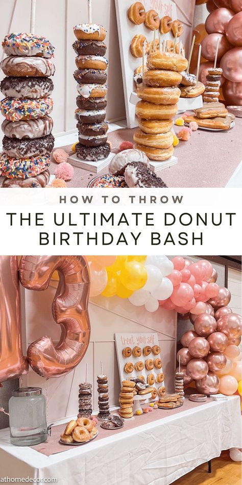 Celebrate in style with these donut birthday party ideas that all the kids will love. Get ideas for cute decor, treats and activities. Donut Birthday Table Set Up, Donut Holes Party, Cake Donut Ideas, Donuts Birthday Party Ideas, Donut Birthday Cake Ideas, Donut Birthday Party Food, Donut Tower Birthday, Donut Birthday Party Ideas, Donut Birthday Party Decorations