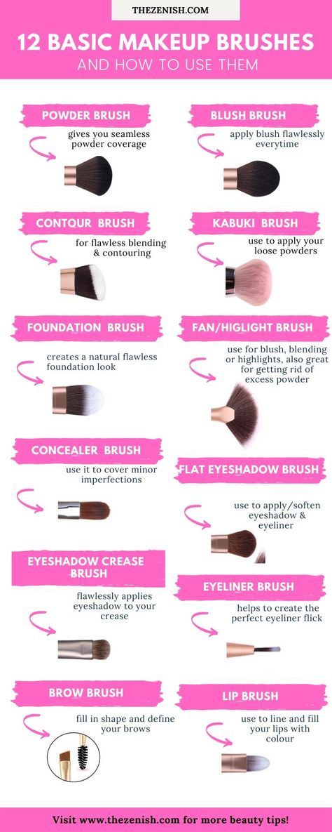 12 Types of Makeup Brushes and Their Uses | The Zenish Eye Makeup Brushes Guide, Makeup Brushes And Their Uses, Brushes And Their Uses, Makeup Types, Different Types Of Makeup, Types Of Makeup Brushes, Make Up Kits, Makeup Brush Uses, Kuas Makeup