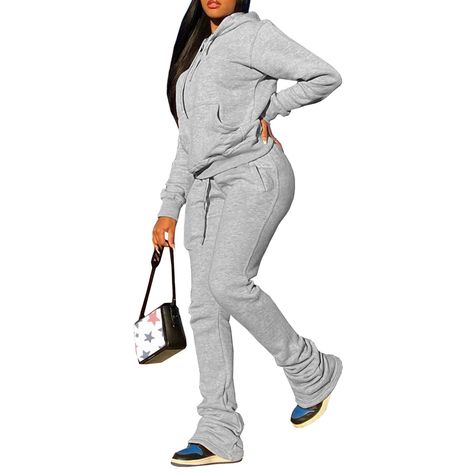 PRICES MAY VARY. 【COMFY MATERIAL】: Women's sweatsuits 2 piece outfits are made of 65% Cotton, 35% Polyester, fleece lined, comfortable and stretchy fabric, bringing you super cozy wearing. Women tracksuit legging pants set suitable for fall, winter and spring. 【STACKED LENGGINGS PANTS】 Sweatsuits for women fall winter outfits, high waisted, stacked legging sweat pants for women, legging bell bottom, drawstring joggers with pocket, extra long length design will define your hips and lengthen your Stacked Pants, Grey Two Piece, Two Piece Pants Set, Traje Casual, Sweatpants Set, Sports Hoodies, Tracksuit Set, Womens Fleece, Casual Sets