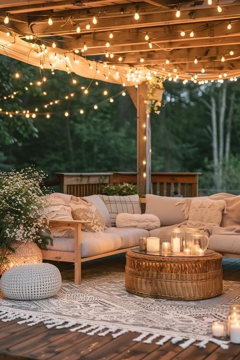 5 Tips for Deck Design with Lighting Screened In Porch Lighting, Cozy Back Deck, Deck With Lights, Back Deck Decor, Lights On Deck, Outdoor Canopy Decorating Ideas, Deck Furniture Ideas, Tiny Apartment Storage, Covered Pergola Patio