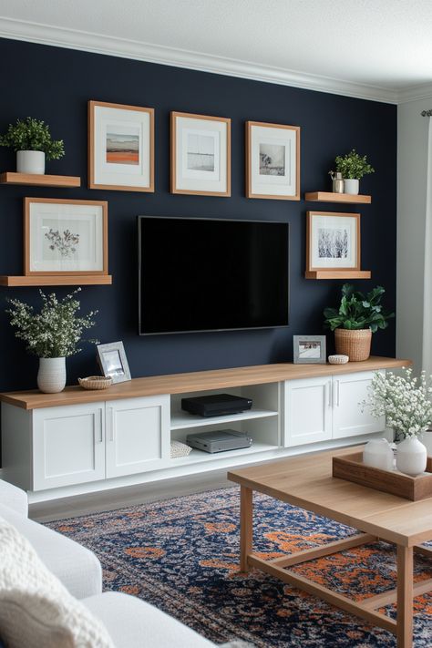 15 Stunning Accent Wall Ideas for Your Living Room – Everyday Inspo Wall Art By Tv, Decor For Navy Blue Walls, Navy Living Room Decor Ideas, Accent Wall Media Room, Tv On Vaulted Ceiling Wall, Neutral Living Room With Accent Wall, Blue Green Accent Wall Living Room, Living Room Wall Makeover, Living Room With Navy Accent Wall