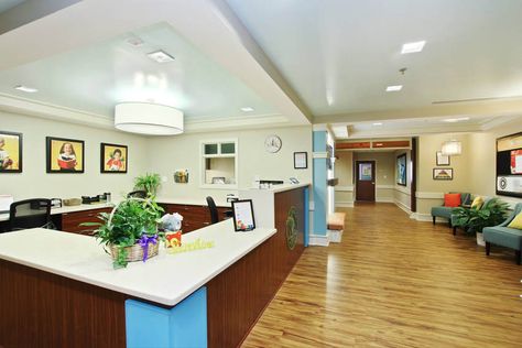 Daycare Center Design, Primrose School, Daycare Design Ideas, Daycare Layout, Wilsonart Laminate, Square Recessed Lighting, School Reception, Staff Lounge, Blue Ceiling