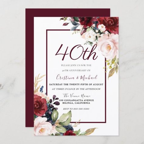 Burgundy Blush Floral 40th Wedding Anniversary Invitation Wedding Anniversary Party Invitations, 50th Wedding Anniversary Invitations, 40th Anniversary Party, Anniversary Party Invitations, Anniversary Invitation, 60th Birthday Invitations, Black And White Wedding Invitations, Burgundy Wedding Invitations, Navy Wedding Invitations