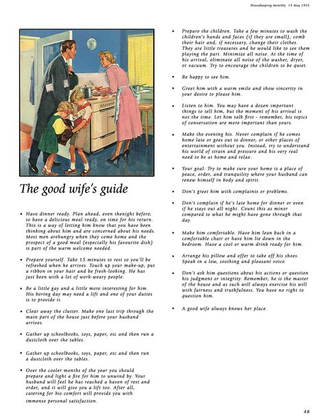 The Good Wife's Guide, Housekeeping Monthly, May 13 1955 1950s Bridal Shower, The Good Wife's Guide, 1950s Housewife, Happy Homemaking, Stepford Wife, Vintage Housewife, Happy Housewife, Trying To Be Happy, Retro Housewife