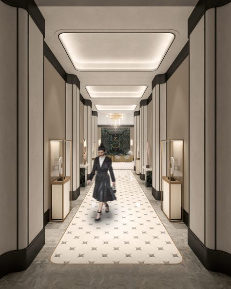 Hotel Corridor Design, Lift Lobby, Interior Hotel, Interior Kantor, Hotel Corridor, Lobby Interior Design, Corridor Design, Pop False Ceiling Design, Art Deco Interior Design