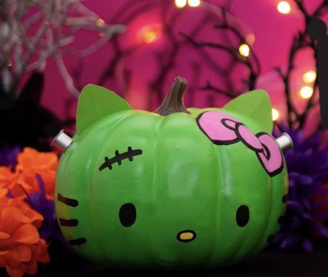 Zombie Hello Kitty Pumpkin, Halloween Pumpkins Hello Kitty, Hello Kitty Frankenstein Pumpkin, Halloween Hello Kitty Pumpkin, Pumpkin Painting Ideas Sanrio, Hello Kitty Halloween Pumpkin, Pumpkin Painting Hello Kitty, Pumpkin Painting Ideas Small Pumpkins, Hello Kitty Trunk Or Treat