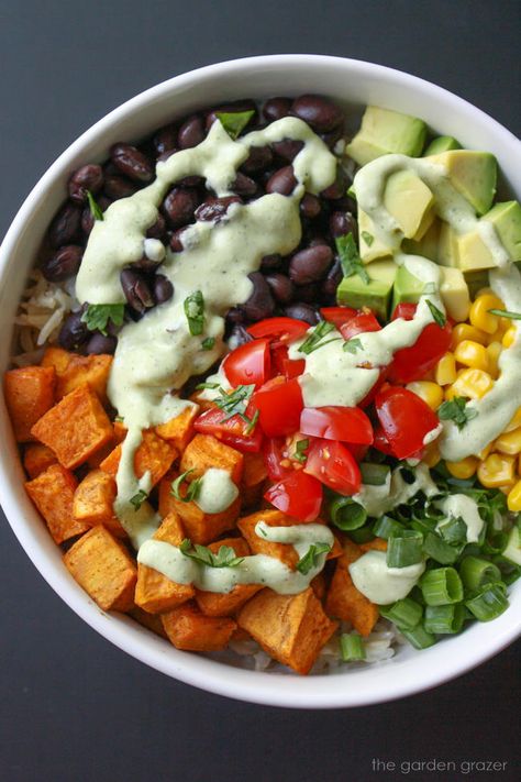 Mexican Sweet Potato Bowl with Cashew-Lime Cream Mexican Sweet Potato Salad, Vegetarian Mexican Bowl, Sweet Potato Rice Bowl Recipes, Food With Sweet Potatoes, Sweet Potato Mexican Bowl, Mexi Bowl Recipes, Vegan Whole Food Meals, Dinner Recipes Sweet Potato, Sweet Potato Rice Bowl