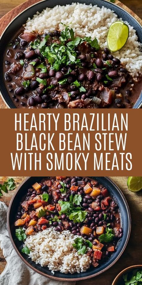 Warm up with our Authentic Brazilian Black Bean Stew with Smoky Meats! This hearty dish combines black beans, smoky meats, and spices for a comforting meal perfect for any occasion. 🌿🥘 Ideal for family dinners or meal prep, this stew is rich in flavor and tradition. Don’t miss out on this delicious recipe—Pin it now and start cooking! #BrazilianStew #ComfortFood #HeartyMeals #Recipe Dried Black Beans Recipe, Brazilian Black Bean Soup, Brazilian Black Beans And Rice, Brazilian Feijoada Recipes, Brazilian Beans And Rice, Black Beans And Ham, Brazilian Beef Stew, Brazilian Black Beans, Brazilian Beans