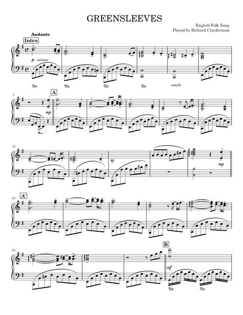 Download and print in PDF or MIDI free sheet music of Greensleeves - Richard Clayderman for Greensleeves by Richard Clayderman arranged by IRELIN for Piano (Solo) Autoharp Sheet Music, Free Piano Sheet Music Printables Popular Songs, Greensleeves Piano, Christmas Piano Sheet Music, Lds Music, Richard Clayderman, Music Printables, Free Printable Sheet Music, Piano Sheet Music Pdf