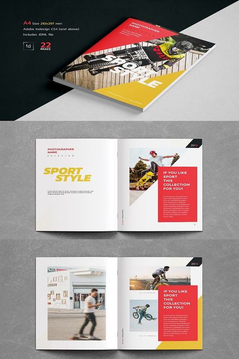 Sport Collection MODERN / UNIQUE / SPORTY and bright layout! 22 pages Indesign brochure template on a sports theme. Can be used also for photographers or designers. Size A4 - 210x297 mm. Can be used for individuals or agency. Features size A4 - 210x297 mm Adobe Indesign CS4 (and above) Easy to Edit & Change Color Layered Document Automatic page numbering Master pages Includes .IDML file 5 mm Bleed Uses free fonts Note: The images from the preview and the mock-ups are for demonstration Booklet Design Layout, Indesign Brochure, Indesign Brochure Templates, Catalogue Layout, Photobook Layout, Booklet Template, Yearbook Layouts, Yearbook Pages, Brochure Design Layout