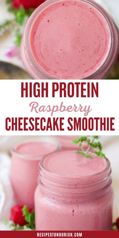 May 13, 2023 - Creamy, indulgent and naturally sweetened, this High Protein Raspberry Cheesecake Smoothie makes the perfect breakfast or snack. 6 ingredients! Best Smoothies Healthy, Good Protein Smoothies, Very Simple Healthy Meals, Protein Shake Smoothies, Best Protein Smoothie Recipes, Meal Replacement Shakes Recipes, High Protein Breakfast Shakes, Fruit Breakfast Smoothie, Fruit Protein Smoothie