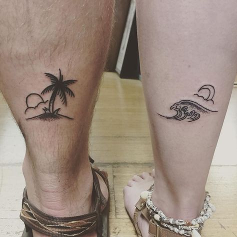 beach inspired couple tattoo © Pa'ia Tattoo Parlor 💘🌊 💘🌊 💘 Hawaiian Tattoos For Couples, Couple Beach Tattoo Ideas, Matching Tattoos Beach Theme, Matching Beach Tattoos Couples, Couples Palm Tree Tattoo, Hawaiian Couple Tattoos, Beach Couple Tattoos, Couples Beach Tattoos, Couple Tattoos Beach