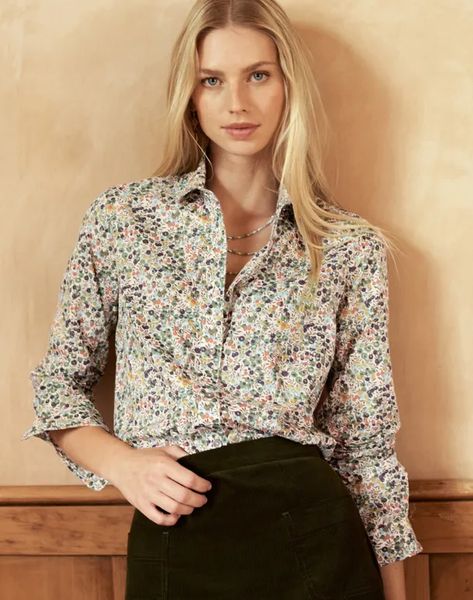 Liberty Print Organic Tana Lawn Shirt in Olive Berry | Blouses | Brora Liberty Floral, Strawberry Shirt, Lawn Shirts, Liberty Print, Liberty Fabric, Blouse Outfit, Women's Shirts, Cotton Shirt, Berry