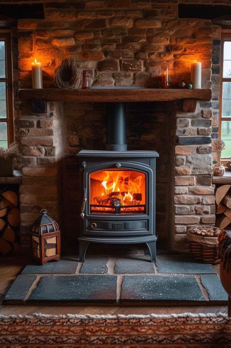 Wood Burning Stove Brick Wall, Wood Stove In Middle Of Room, Farmhouse Wood Burning Stove, Wood Stove Nook, Woodstoves In Living Rooms, Brick Wood Stove Surround, Wood Burning Stove With Mantle, Free Standing Wood Fireplace, Wood Stove With Mantle