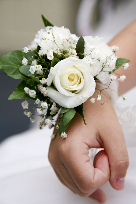 Our wrist corsages for the flower girls Mom Corsage Wedding, White Rose Wrist Corsage Wedding, White Corsage Wedding Mothers, Mother Of Bride Corsage Wristlets, Bridal Corsage Wrist The Bride, Mother Of Bride Wrist Corsage, Mothers Corsages For Wedding, White Rose Corsage Wrist, Wrist Corsage Wedding Mothers