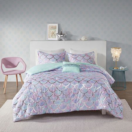 Fun and vibrant, the mi zone phoebe metallic printed reversible duvet cover set is sure to brighten your bedroom decor. The reversible duvet cover features a silver metallic fish scale print over a print fabric that flips to a solid on the reverse, for an enchanting look. The 2 matching shams (1 for twin/twinxl) mirror the design of the duvet cover, while an oblong decorative pillow adds texture and dimension for a perfect finishing touch. Hypoallergenic polyester filling in the decorative pillo Mermaid Bed, Mermaid Comforter, Mermaid Bedding, Mermaid Bedroom, Pink Comforter, Kids Comforters, Mermaid Room, How To Clean Pillows, Twin Xl Comforter