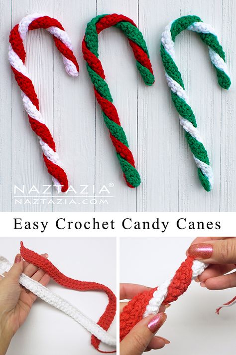 Crochet Candy Canes, Crochet Candy, Crochet Christmas Ornaments Free, Easy Candy, Ornaments Crochet, Crochet Ornament Patterns, Christmas Crochet Patterns Free, Crocheted Christmas, Crochet Xmas