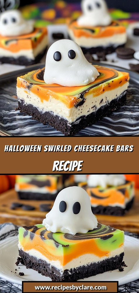 Deliciously spooky cheesecake bars with a fun Halloween swirl—perfect for festive treats that are as tasty as they are eye-catching!

Ingredients:

1 ½ cups graham cracker crumbs
16 oz cream cheese, softened
½ cup orange food coloring
¼ cup black food coloring
These vibrant cheesecake bars feature a creamy, swirled filling atop a buttery graham cracker crust, making them a festive and delicious Halloween treat! No Bake Cheesecake Halloween, No Bake Halloween Cheesecake, Mini Cheesecakes Halloween, Halloween Cheesecake Bars, Halloween Cheesecake Cups, Halloween Themed Cheesecake, Halloween Mini Cheesecakes, Halloween Cheesecake Ideas, Spooky Cheesecake