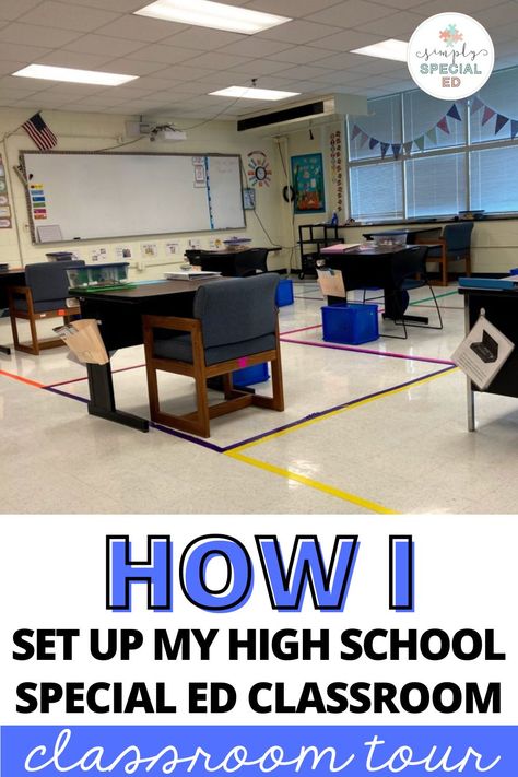 It's almost time for back to school and I am sure you are thinking about how you will setup your special education high school classroom. In this post, I am giving you a tour of my self-contained classroom. We have sensory areas for movement breaks and each student has a file folder Velcroed to their desk with daily work. We have a finished work areas and independent work area which has task boxes and file folder games. You will also find a word wall and visual schedules for each student. Work Boxes Special Education High School, High School Special Needs Classroom, Vocational Tasks Special Education High School, Special Education Classroom Setup High School, Resource Room Ideas Classroom Setup High School, Special Ed High School Classroom, High School Resource Room Set Up, Self Contained Classroom Setup High School, High School Sped Classroom Decor