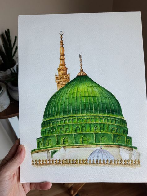 Handmade watercolor Masjid an-Nabawi painting, madinah wall art, prophet mosque, Muslim home gift by Fineartderya on Etsy Mosque Drawing, Masjid Nabawi, Calligraphy Art Print, Simple Canvas Paintings, Islamic Artwork, Islamic Paintings, Art Painting Gallery, Arabic Calligraphy Art, Islamic Art Calligraphy