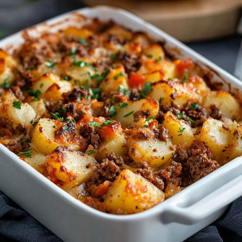 Ground Beef Casserole With Potatoes Recipe - Beef Scalloped Potatoes, Cubed Potato Casseroles, Beef And Potato Au Gratin Oven, Potatoes And Minced Beef, Beef And Red Potatoes Recipes, Ground Pork Potato Recipes, Easy Beef And Potato Recipes, Ground Beef Broccoli Rice Casserole, Red Potato Dinner Recipes