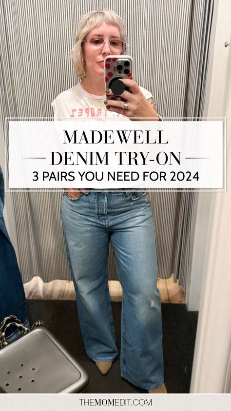 Click through to the blog for the full try-on + review | After a recent trip to Madewell, these 3 pairs of jeans came home as winners for fall 2024. | #TheMomEditStyle #FashionBlog #Madewell #DenimTryOn #DenimReview #WideLegJeans #CuffedJeans #JeansOutfit Madewell Stovepipe Jeans Outfit, Jeans Fall 2024, Levi Wedgie Jeans Outfit, Wedgie Jeans Outfit, Madewell Jeans Outfit, Acid Wash Jeans Outfit, Levi Wedgie Jeans, Madewell Fall, Levi Wedgie