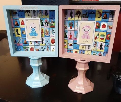 Gender Reveal Themes Mexican, Mexican Gender Reveal Centerpieces, Loteria Gender Reveal Party, Loteria Gender Reveal, Spanish Gender Reveal Ideas, Gender Reveal Ideas Spanish, Gender Reveal Ideas Mexican Theme, Mexican Gender Reveal Ideas, Loteria Crafts