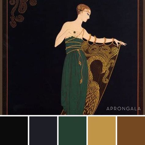 Art nouveau black gold green color palette | Art deco color palette, Green colour palette, Green art deco Black Gold Palette Colour Schemes, Green And Black Colour Scheme, Art Deco Paint Colors Colour Palettes, Black Gold And Green Color Palette, 1900s Color Palette, Art Nouveau Paint Colors, Black Color Palate, Gold And Black Color Scheme, Art History Color Palette