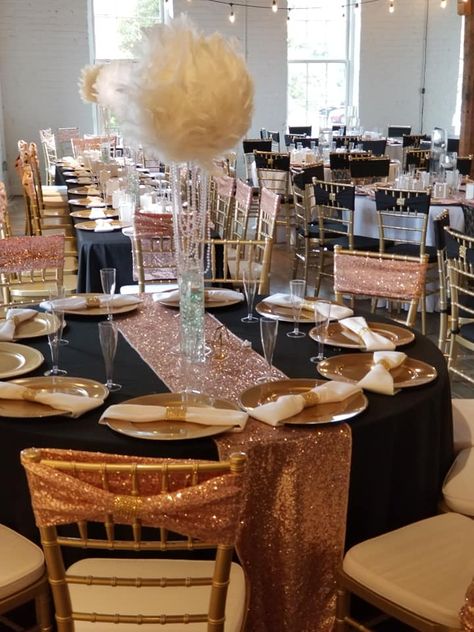 Black Table Cloth With Rose Gold Runner, Rose Gold With Black Decorations, Rose Gold Black Party Decorations, Black Sequin Table Runner, Black And Rose Gold Rustic Wedding, Black And White And Rose Gold Wedding, Black And Rose Gold Table Decor, Black Rosegold Decoration Birthday, Rose Gold And Black Decor