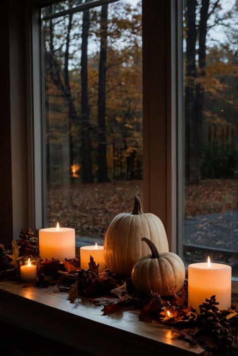 Pumpkin Living Room, Fall House Inspiration, Fall Decor Window Sill, Autumn Interior Aesthetic, Autumn Aesthetic House Interior, Cosy Autumn Home, Hygge Autumn Aesthetic, Autumn Colour Living Room, Cozy Fall Decorations