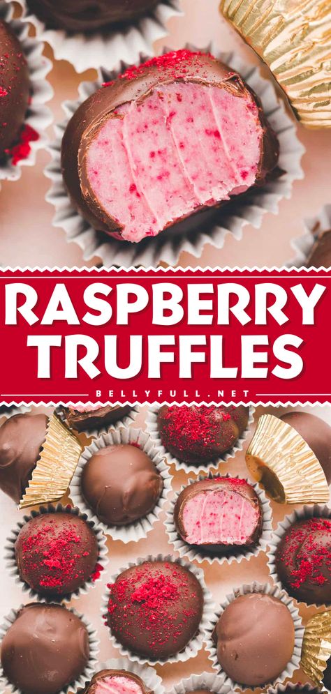 These best raspberry truffles are perfect to your list of Valentine's Day dessert ideas! An easy truffles recipe that features Truffles filled with a soft raspberry flavored white chocolate ganache and coated with thick dark chocolate. Try this homemade treat! Raspberry Truffles Easy, Dark Chocolate Raspberry Truffles, Dark Chocolate Raspberry Cookies, Raspberry Fudge Recipe, Dark Chocolate Raspberry Fudge Recipe, Raspberry Truffles Recipe, Raspberry Bonbons, Haunted Chocolatier, Valentine Truffles