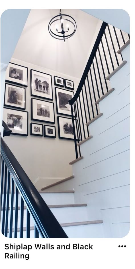 Stair Landing Photo Wall, Frames For Staircase, Top Of Stairs Photo Wall, Gallery Wall At Top Of Stairs, Stairs With Photos, Placing Photos On Wall, Staircase Portrait Wall, Stairs Case Wall Design, Black Frames Staircase