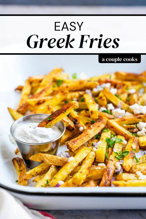 Greek Cucumber Sauce, Greek Side Dishes, Greek Fries, Seasoned Fries, A Couple Cooks, Homemade Fries, French Fries Recipe, Greek Seasoning, Feta Recipes