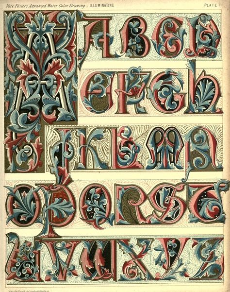 Medieval Manuscripts Illuminated Letters | Complete Alphabets Design | Types of Ty·pog·ra·phy Medieval Calligraphy, Illuminated Lettering, Floral Lettering, Journal Images, Illustrated Manuscript, Font Ideas, Alfabet Letters, Illumination Art, Tattoo Font