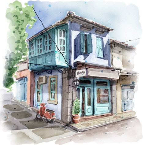 Study Sketches Drawing, Shop Front Watercolor, Perspective Drawing Watercolor, Loose Painting Watercolor, Watercolor Perspective, Building Watercolor, Watercolor Buildings, Perspective Pictures, Town Drawing