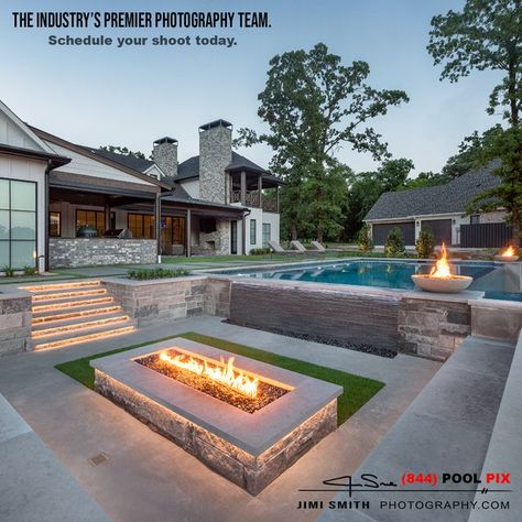 Pool And Sunken Fire Pit, Step Down Fire Pit Ideas Backyard, Small Sunken Fire Pit, Pool With Built In Fire Pit, Sunken Fire Pit Next To Pool, Fire Features Pool, Fire Pit Connected To Pool, Poolside Fire Pit, Fire Pit Pool Combo