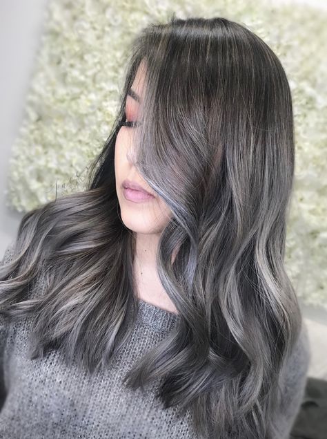 Silver Ash ombré balayage on Asian hair Blonde Under Black Hair, Ombre Hair Asian, Asian Bayalage Hair Ash Brown, Ash Brown Balayage Asian, Ash Grey Asian Hair, Black To Blonde Ombre Hair, Ash Brown Balayage Dark Asian, Ash Grey Hair Color, Ash Grey Balayage Asian