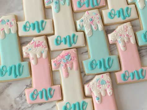 Sweet one birthday sugar cookies, donut themed, mint green, seafoam green, pink, and white, royal icing Mint And Pink Cake, Sweet One First Birthday Twins, Royal Icing First Birthday Cookies, Sweet One First Birthday Pictures, Sweet One Birthday Desserts, Sweet One Sugar Cookies, Shes A Sweet One First Birthday, Sweet Ones First Birthday, Sweetest One First Birthday