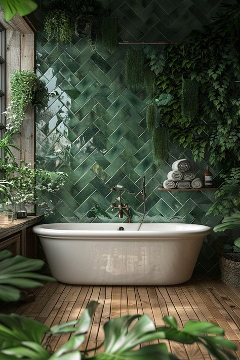 19 Trendy Bathroom Tile Ideas that WOW 32 Bathroom Tiles Inspiration, Nature Bathroom Ideas, House Mezzanine, Moody Bathrooms, Green And Brown Bathroom, Statement Bathroom, Nature Inspired Bathroom, Dark Green Bathrooms, Tile Showers