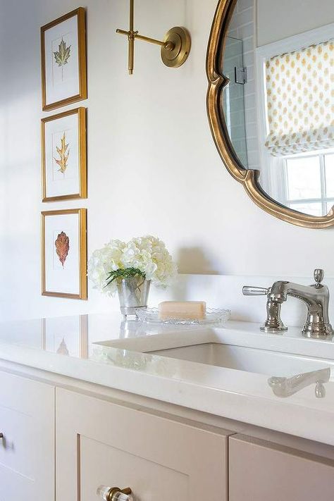 Mixed Metals in Bathroom - Transitional - Bathroom Mixing Chrome And Brass In Bathroom, Gold In Bathroom, Mixed Metals In Bathroom, Mixed Metal Bathroom, Mixing Metals In Bathroom, Black Interiors, Gold Ornate Mirror, White Quartz Countertops, White Quartz Counter