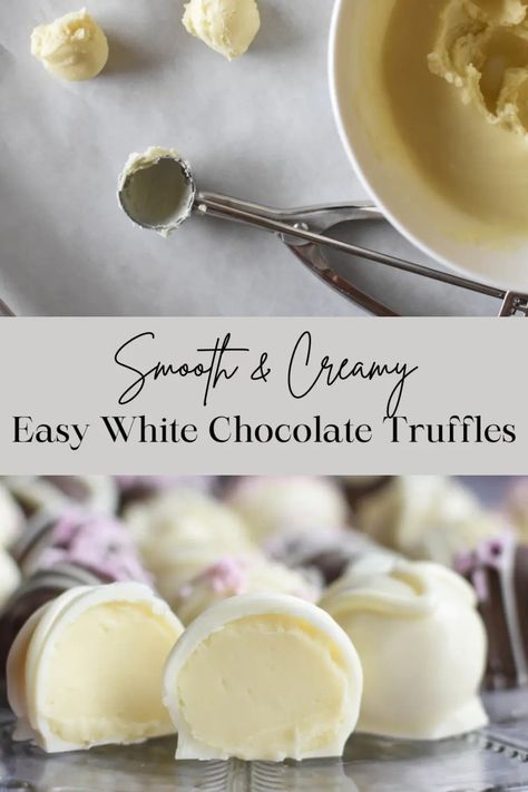 Easy White Chocolate Truffles [Recipe] - NaomiCakesFacebookInstagramPinterest White Christmas Truffles, Almond Truffles Recipe, White Mini Desserts, Truffles With Alcohol, Oreo Truffles Recipe Easy, White Chocolate Christmas Candy, White Chocolate Truffles Recipe, White Chocolate Dessert Recipes, White Chocolate Candy Recipes